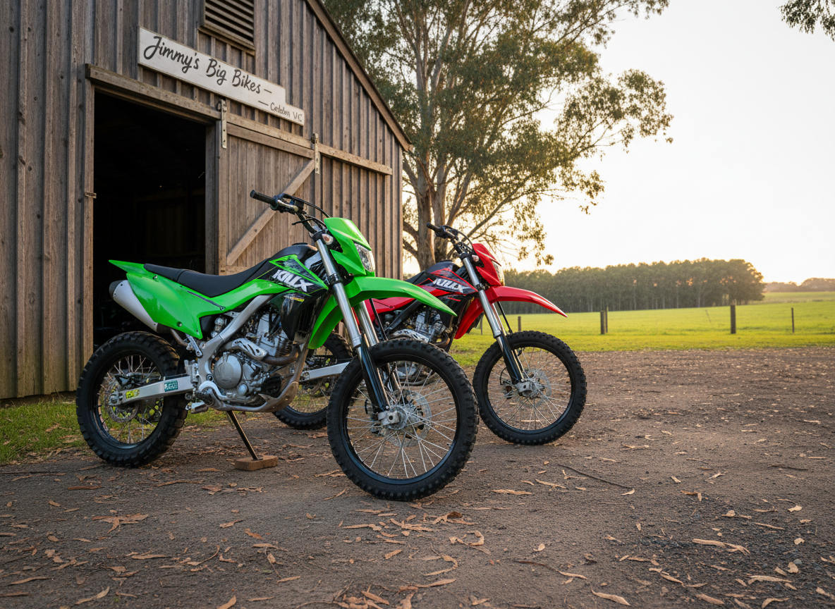 A glossy lime-green Kawasaki KLX140 trail bike and a bold red-and-black Kawasaki KLX150 parked side by side in front of a small country shed labeled “Jimmy’s Big Bikes – Cobden VIC.” The motorcycles’ knobby tires, clean chain, and polished fuel tanks are captured in crisp photographic realism. They rest on a compacted dirt driveway with scattered gum leaves, framed by rolling green paddocks and a distant windbreak of eucalyptus trees. Late-afternoon golden hour sunlight washes across the scene, creating warm highlights on the metal and gentle shadows under the bikes. Shot from a slightly low, three-quarter angle with the bikes on the rule of thirds, the mood is playful and adventurous, inviting viewers to imagine gearing up for a country ride.