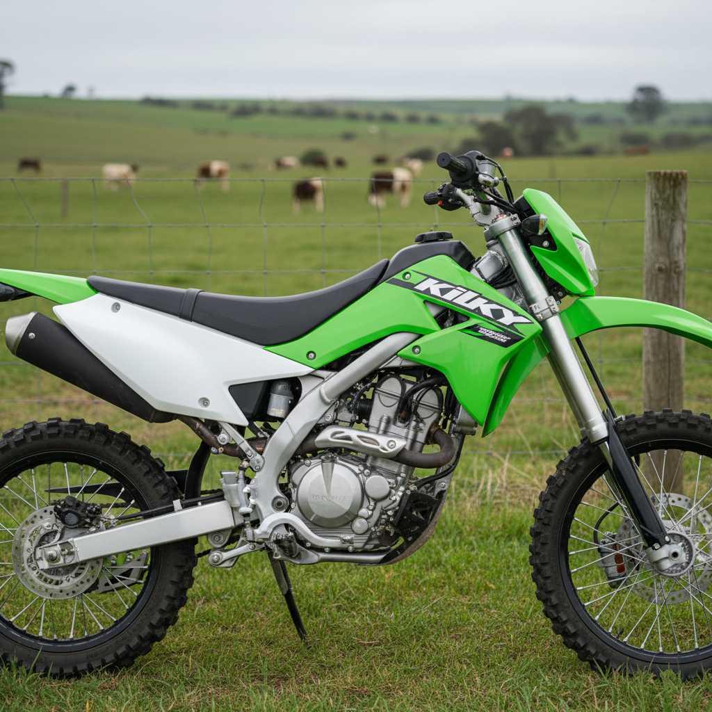 A close-up, photographic view of a Kawasaki KLX140 off-road motorcycle, its lime-green plastics and white side panels gleaming with a freshly washed sheen. Dust-speckled knobby tires, a textured black seat, and silver engine fins show subtle wear from fun trail rides. The bike is parked on short, bright-green grass at the edge of a Cobden, VIC paddock, with a rustic wire fence and soft, rolling dairy country fading into bokeh in the background. Soft overcast daylight creates even, diffused lighting with minimal shadows, emphasizing details without harsh contrast. Captured at eye level from the left side with a shallow depth of field, the image feels light-hearted and inviting, showcasing the KLX140 as the friendly, approachable option in Jimmy’s Big Bikes rental lineup.