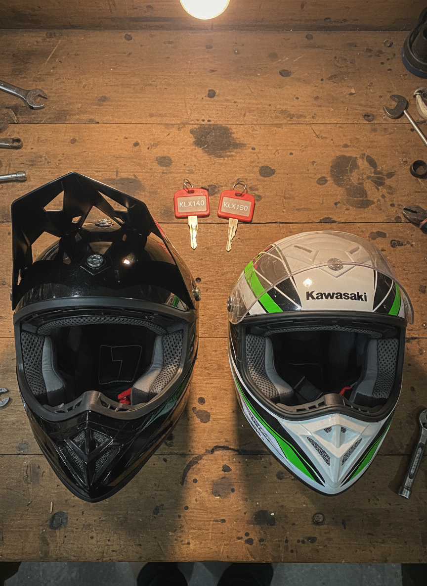 An overhead, photographic view of two neatly arranged rental helmets and keys for Jimmy’s Big Bikes laid out on a rustic timber workbench. A glossy black off-road helmet and a vibrant white-and-green dual-sport helmet sit side by side, their visors slightly open, showing padded interiors with fine stitching. Between them, two labeled key tags read “KLX140” and “KLX150,” with small, scratched key fobs indicating frequent fun use. The wooden surface shows circular marks, oil stains, and scattered small tools blurred at the frame edges. Soft, warm workshop lighting from a single overhead bulb creates gentle vignetting and subtle shadows, adding depth. Shot from a straight-down bird’s-eye perspective with a clean, centered composition, the mood is playful and anticipatory, suggesting the moment just before riders choose their bike.