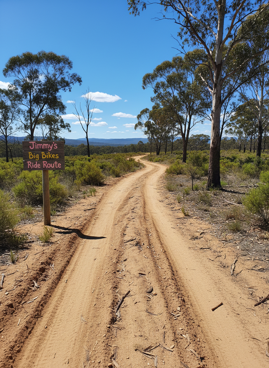 A playful, wide-angle, photographic scene of a narrow dirt trail just outside Cobden, VIC, winding between low, sunlit scrub and scattered gum trees. In the foreground, a pair of parallel knobby tire tracks from a Kawasaki KLX140 and KLX150 cut through the light-brown soil, with small clumps of dirt kicked up along the edges. A small signpost at the trail entrance reads “Jimmy’s Big Bikes Ride Route” in hand-painted, cheerful lettering. The sky is a brilliant blue with a few fluffy clouds, and bright midday sunlight casts crisp, short shadows from shrubs and the signpost. The composition leads the eye along the trail into the distance, with the tracks anchoring the lower third of the frame. The atmosphere is bright, fun, and adventurous, evoking the excitement of exploring country trails on a rental bike.