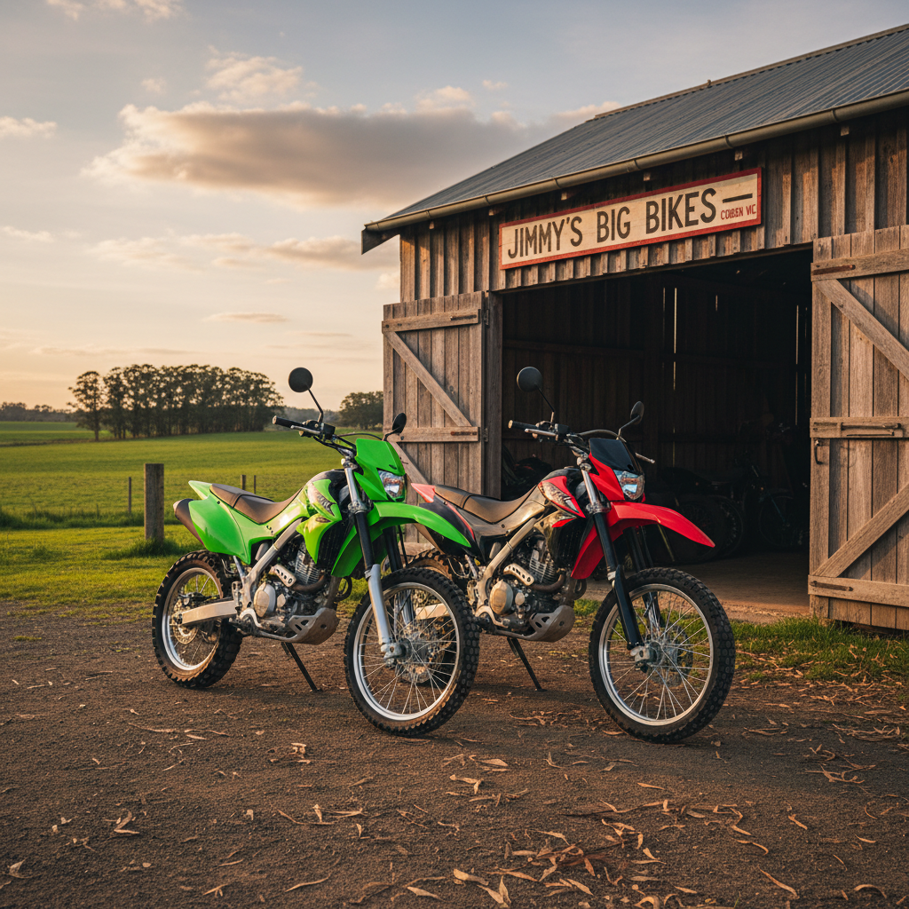 A glossy lime-green Kawasaki KLX140 trail bike and a bold red-and-black Kawasaki KLX150 parked side by side in front of a small country shed labeled “Jimmy’s Big Bikes – Cobden VIC.” The motorcycles’ knobby tires, clean chain, and polished fuel tanks are captured in crisp photographic realism. They rest on a compacted dirt driveway with scattered gum leaves, framed by rolling green paddocks and a distant windbreak of eucalyptus trees. Late-afternoon golden hour sunlight washes across the scene, creating warm highlights on the metal and gentle shadows under the bikes. Shot from a slightly low, three-quarter angle with the bikes on the rule of thirds, the mood is playful and adventurous, inviting viewers to imagine gearing up for a country ride.
