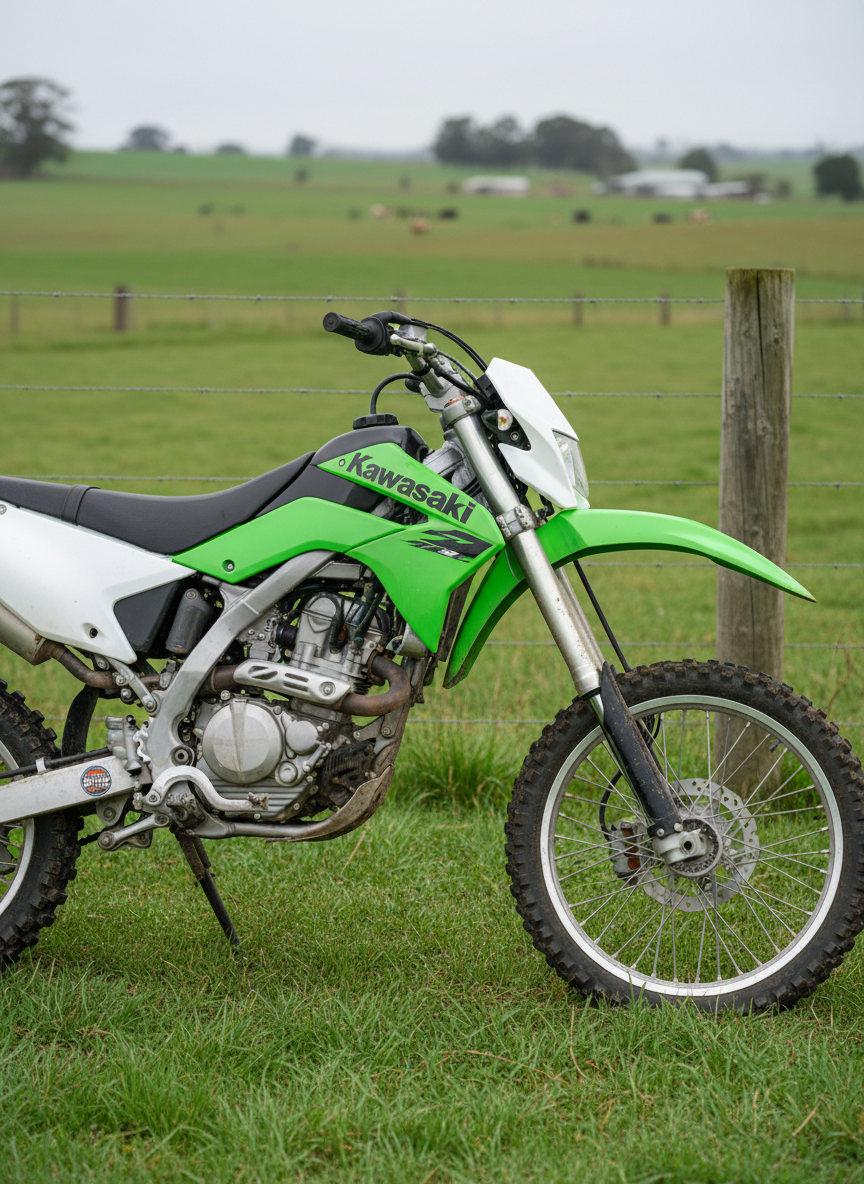 A close-up, photographic view of a Kawasaki KLX140 off-road motorcycle, its lime-green plastics and white side panels gleaming with a freshly washed sheen. Dust-speckled knobby tires, a textured black seat, and silver engine fins show subtle wear from fun trail rides. The bike is parked on short, bright-green grass at the edge of a Cobden, VIC paddock, with a rustic wire fence and soft, rolling dairy country fading into bokeh in the background. Soft overcast daylight creates even, diffused lighting with minimal shadows, emphasizing details without harsh contrast. Captured at eye level from the left side with a shallow depth of field, the image feels light-hearted and inviting, showcasing the KLX140 as the friendly, approachable option in Jimmy’s Big Bikes rental lineup.