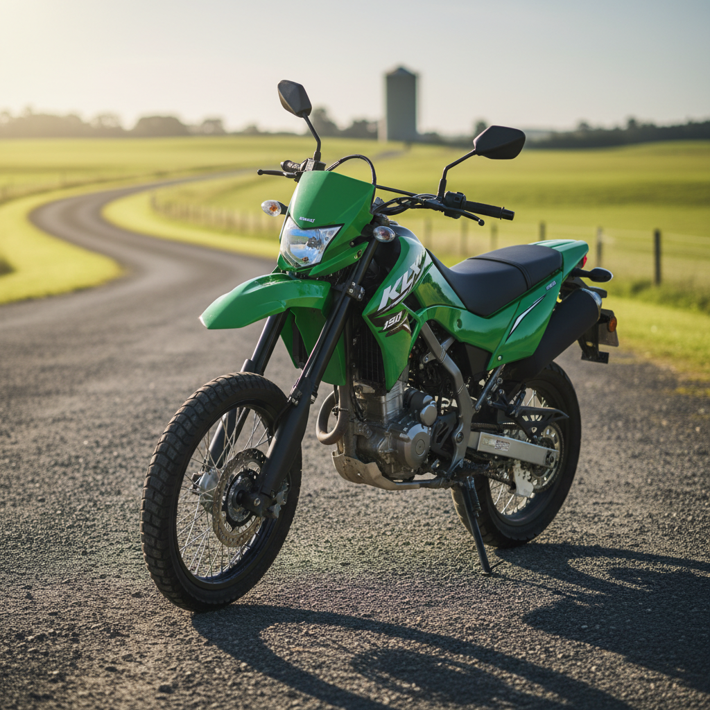 A Kawasaki KLX150 dual-sport motorcycle in deep Kawasaki green with bold white graphics stands confidently on a compacted gravel driveway, ready for adventure. The bike’s slightly taller stance, front disc brake, and dual-purpose tires are emphasized in realistic detail, from the subtle metallic flake in the paint to the matte black exhaust. In the background, a quiet Cobden country road curves past open paddocks and a distant silo, blurred for depth. Warm, low-angle morning sunlight grazes the bike from the side, creating crisp rim lighting along the handlebars and tank, and casting a playful, elongated shadow. Photographic realism, shot from a three-quarter front angle with sharp focus on the bike and gentle background blur, creates an energetic yet relaxed mood perfect for showcasing a step-up rental choice.